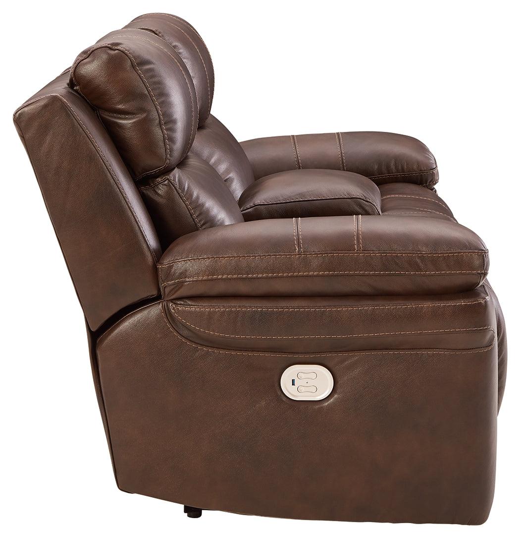 Edmar Chocolate Leather Power Reclining Loveseat With Console - Ella Furniture