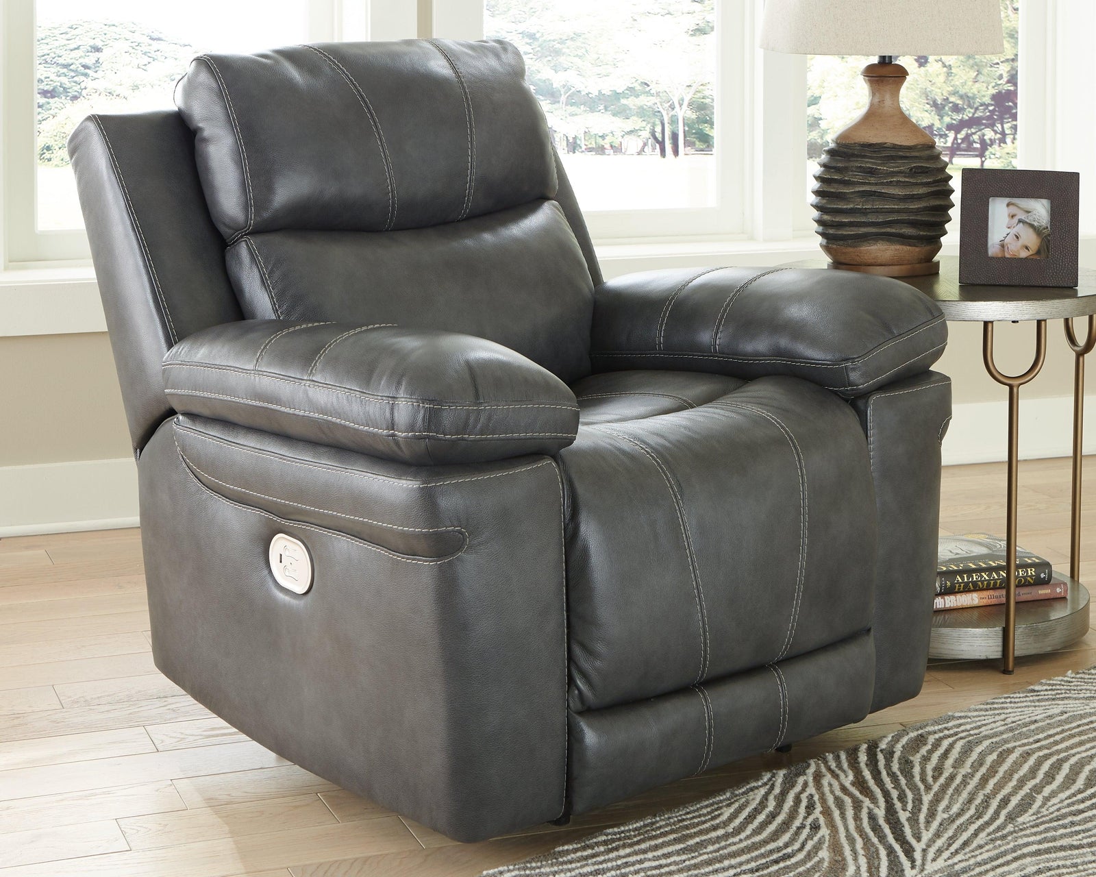 Edmar Charcoal Leather Power Recliner - Ella Furniture