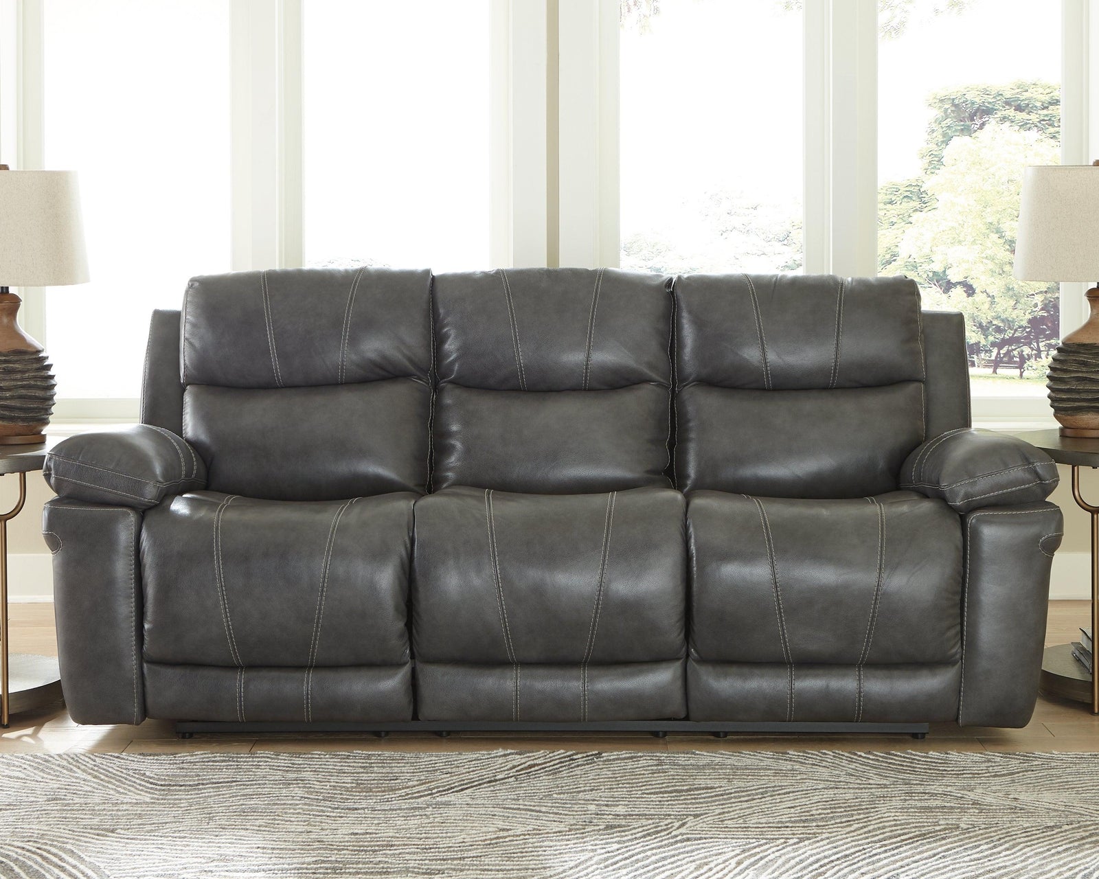 Edmar Charcoal Leather Power Reclining Sofa - Ella Furniture