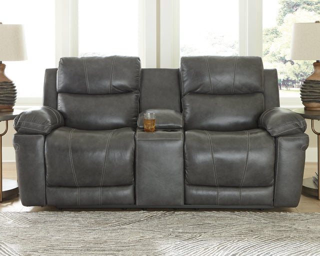 Edmar Charcoal Leather Power Reclining Loveseat With Console - Ella Furniture