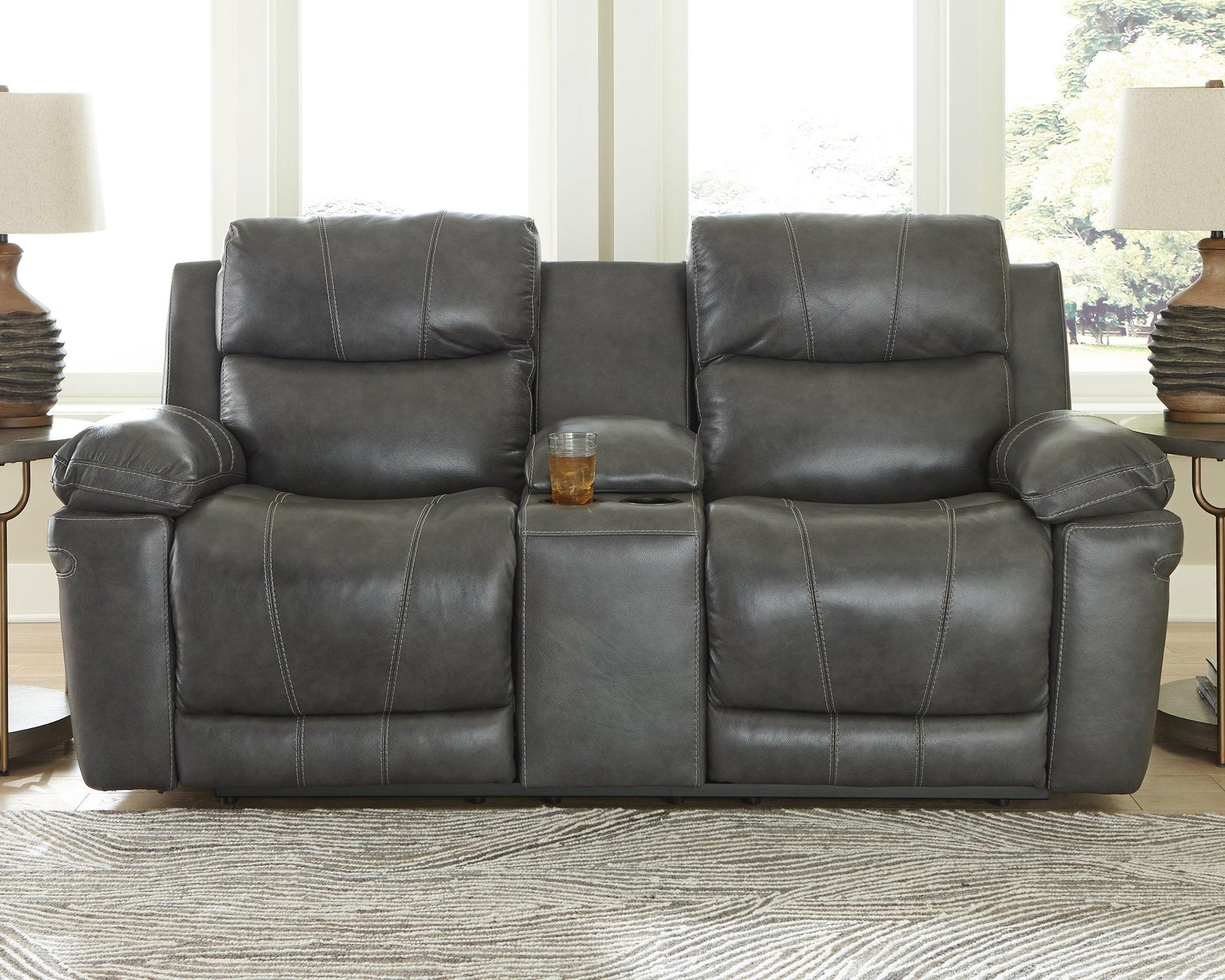 Edmar Charcoal Leather Power Reclining Loveseat With Console