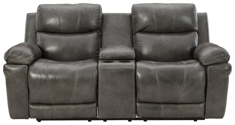Edmar Charcoal Leather Power Reclining Loveseat With Console - Ella Furniture