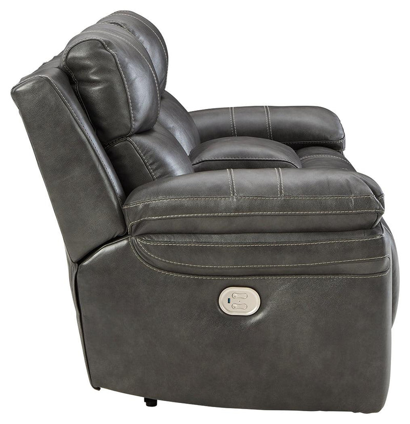 Edmar Charcoal Leather Power Reclining Loveseat With Console - Ella Furniture
