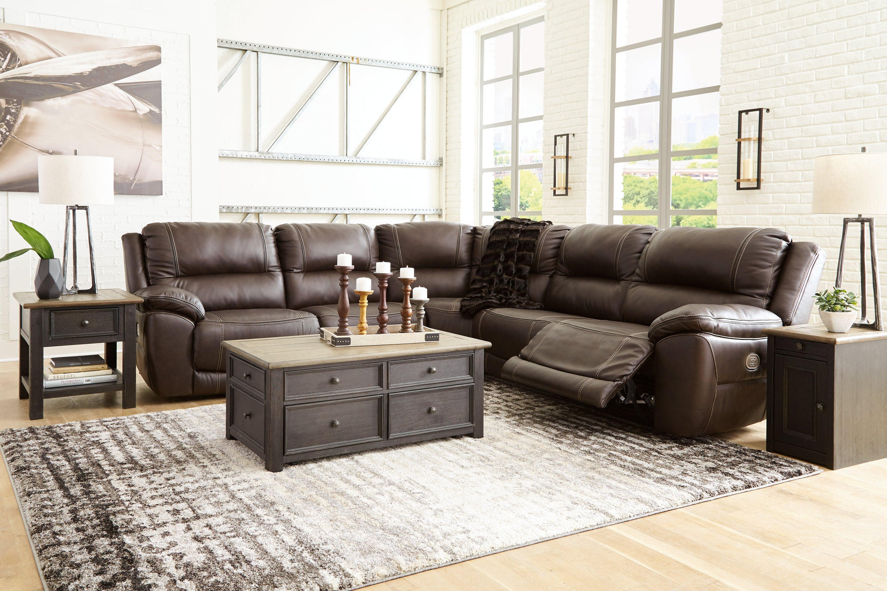 Dunleith Chocolate 5-Piece Power Reclining Sectional - Ella Furniture