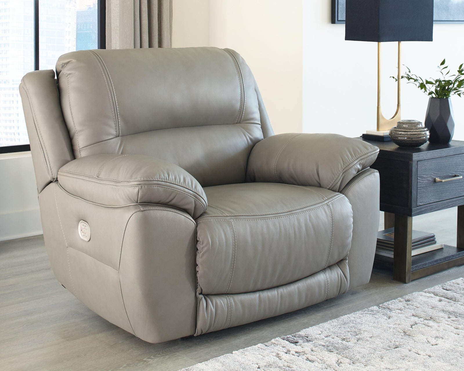 Dunleith Gray Leather Power Recliner - Ella Furniture