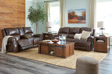 Buncrana Chocolate Leather Power Reclining Loveseat With Console - Ella Furniture