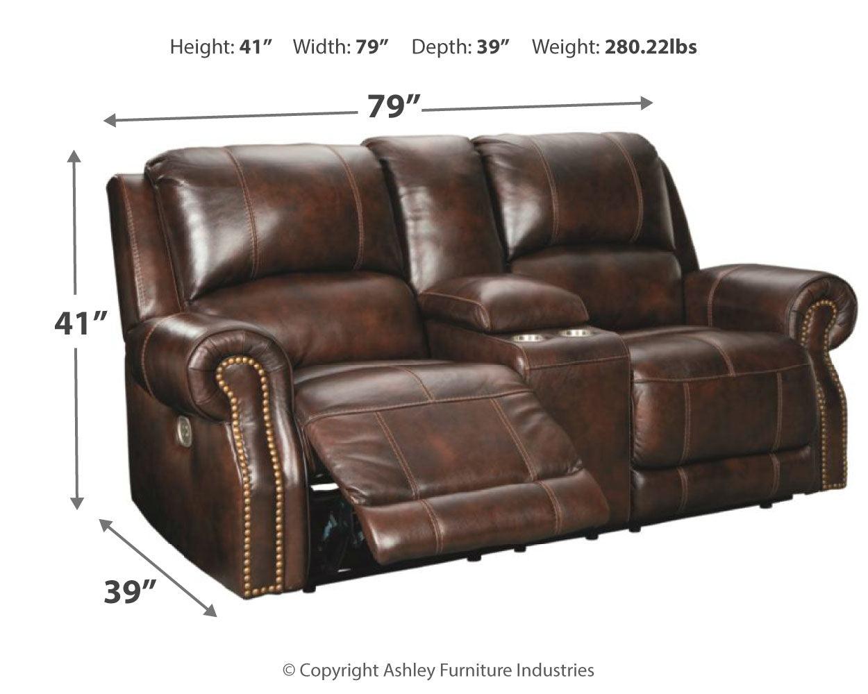 Buncrana Chocolate Leather Power Reclining Loveseat With Console - Ella Furniture