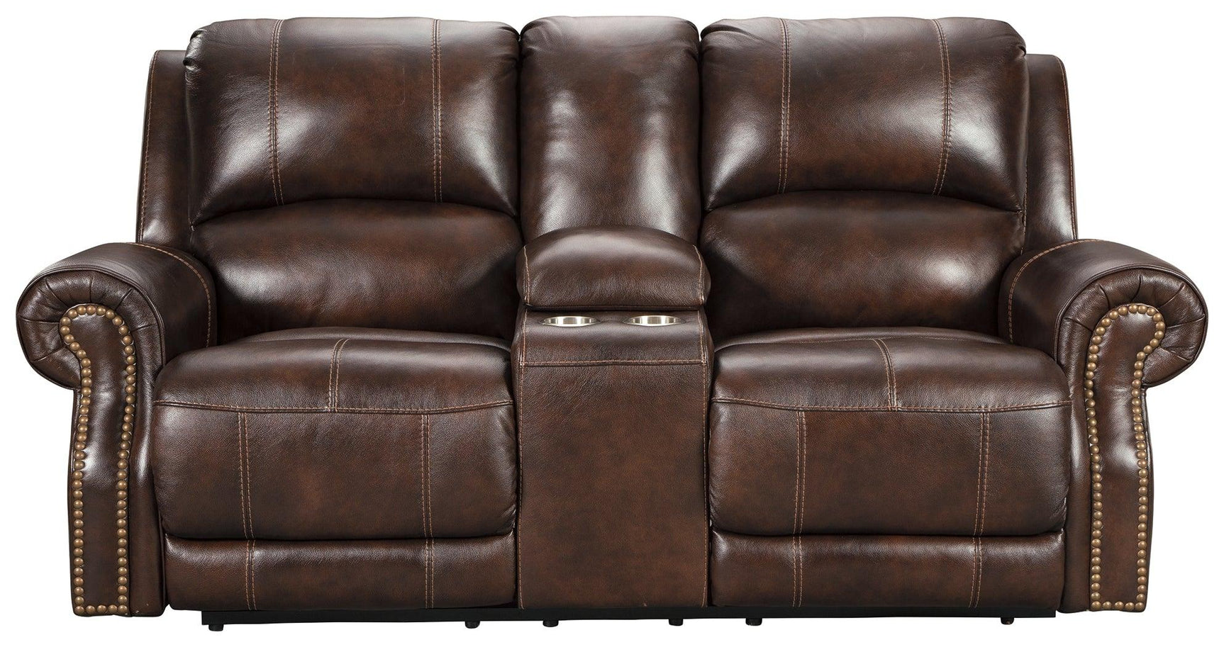 Buncrana Chocolate Leather Power Reclining Loveseat With Console - Ella Furniture