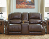 Buncrana Chocolate Leather Power Reclining Loveseat With Console - Ella Furniture