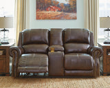 Buncrana Chocolate Leather Power Reclining Loveseat With Console - Ella Furniture