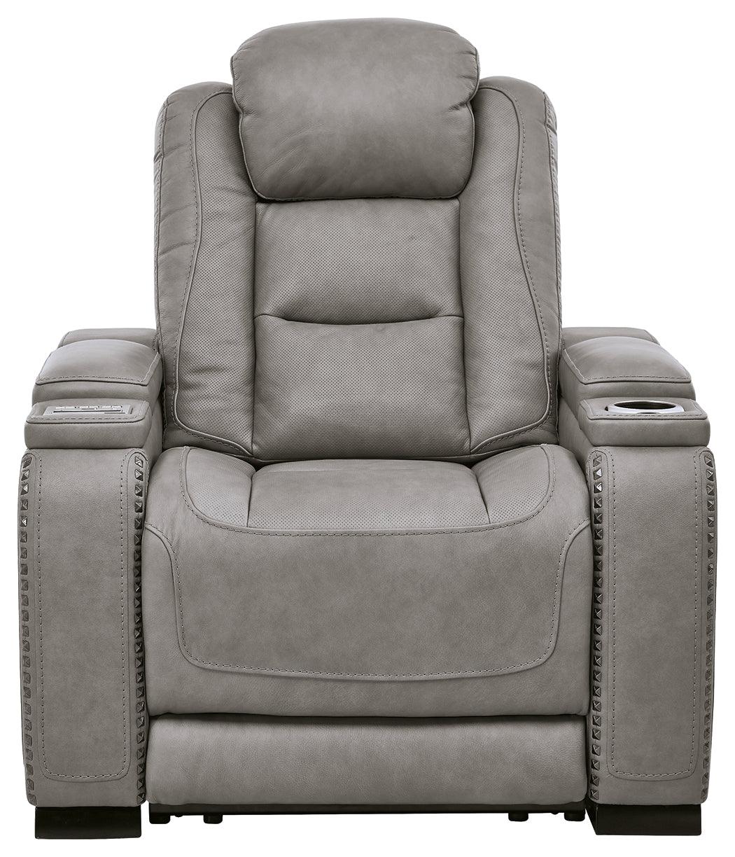 The Man-den Gray Leather Power Recliner - Ella Furniture