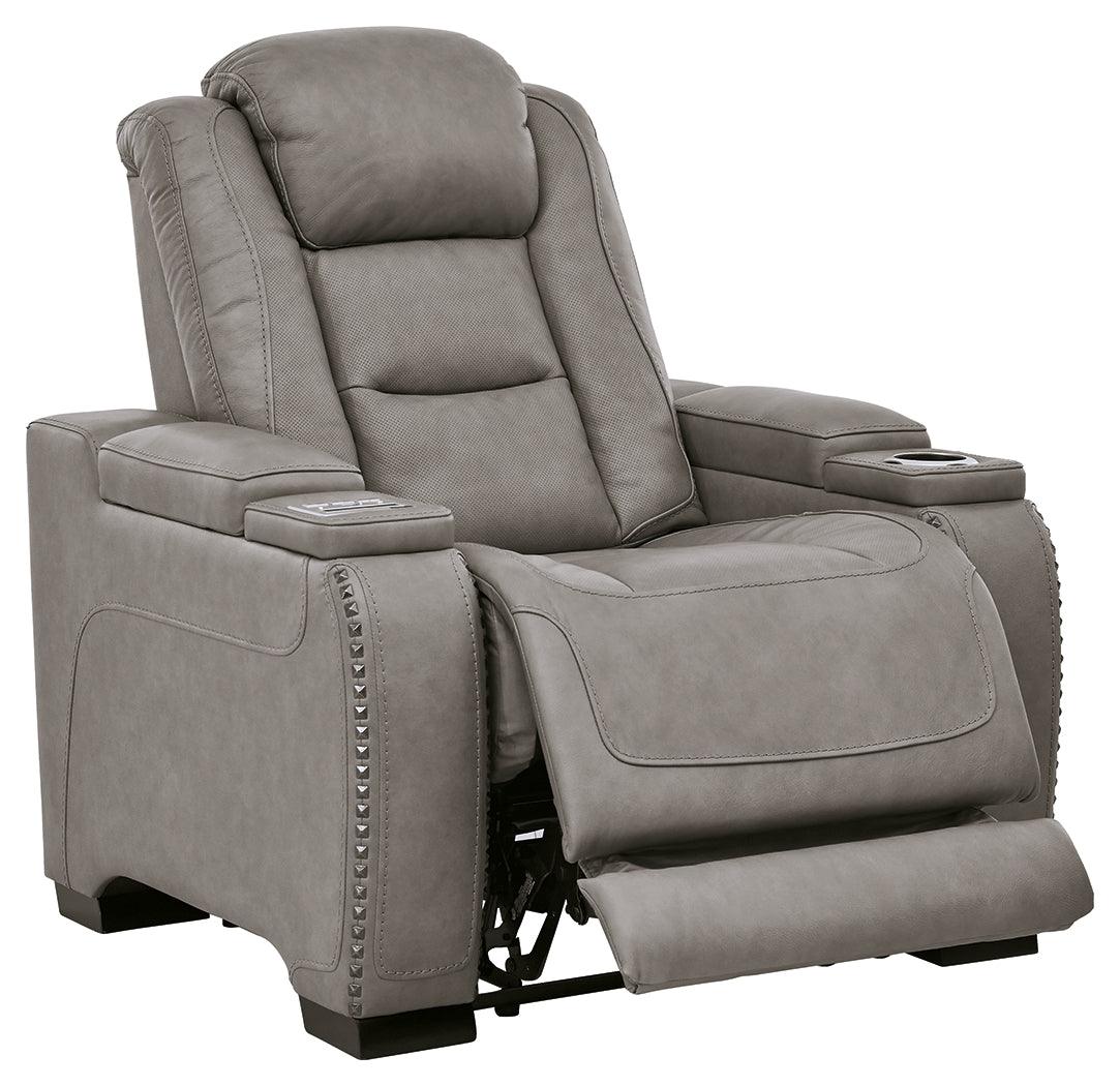 The Man-den Gray Leather Power Recliner - Ella Furniture