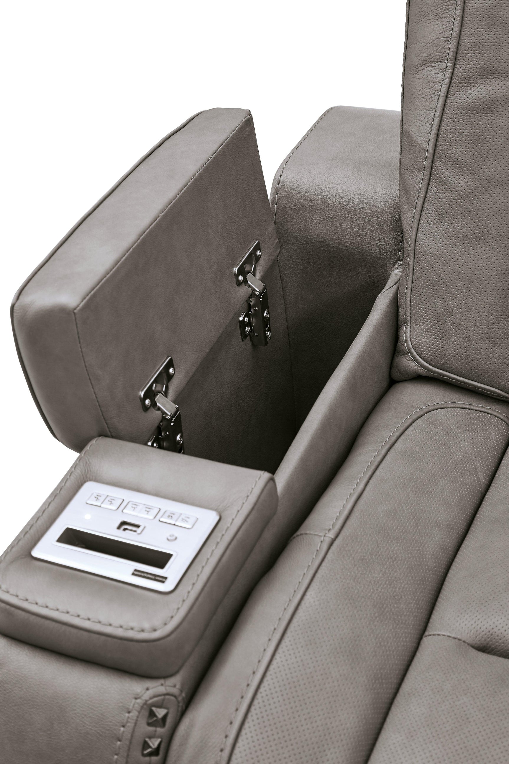 The Man-den Gray Leather Power Reclining Loveseat With Console - Ella Furniture