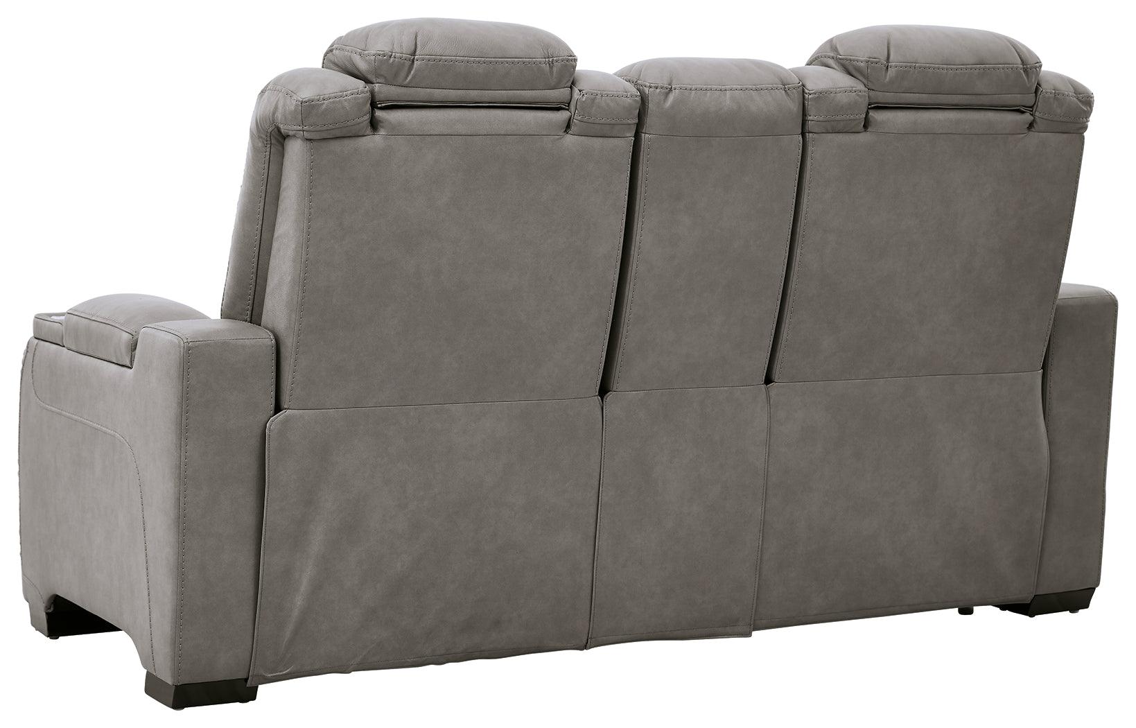 The Man-den Gray Leather Power Reclining Loveseat With Console - Ella Furniture