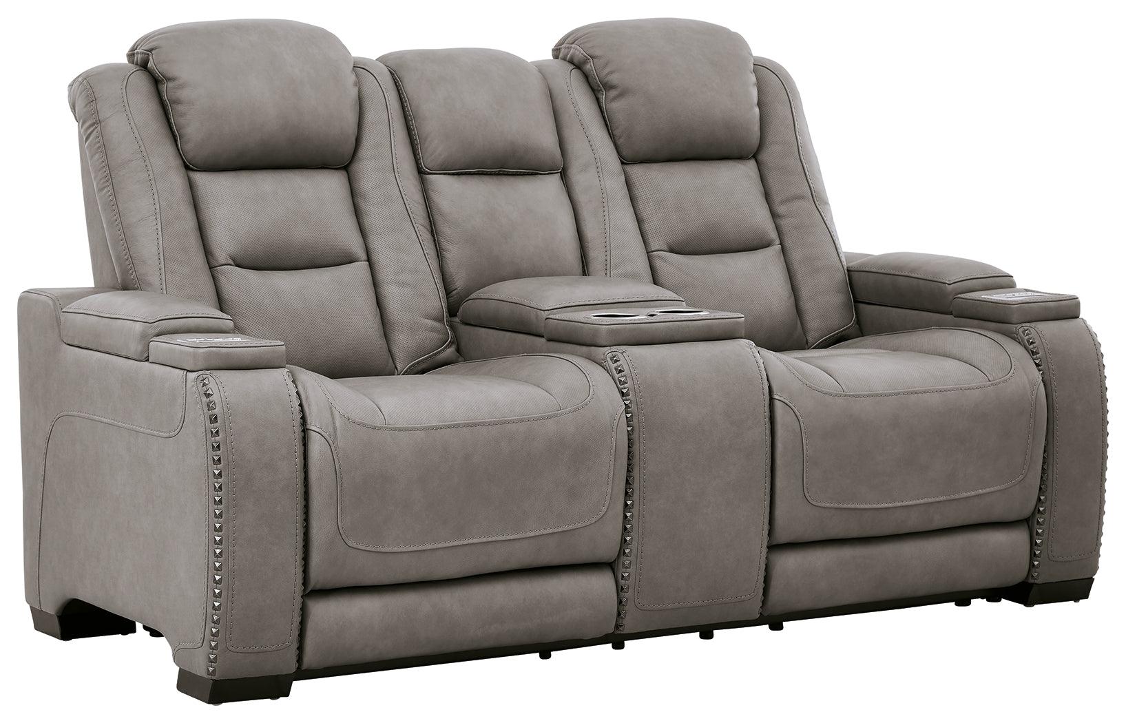 The Man-den Gray Leather Power Reclining Loveseat With Console - Ella Furniture