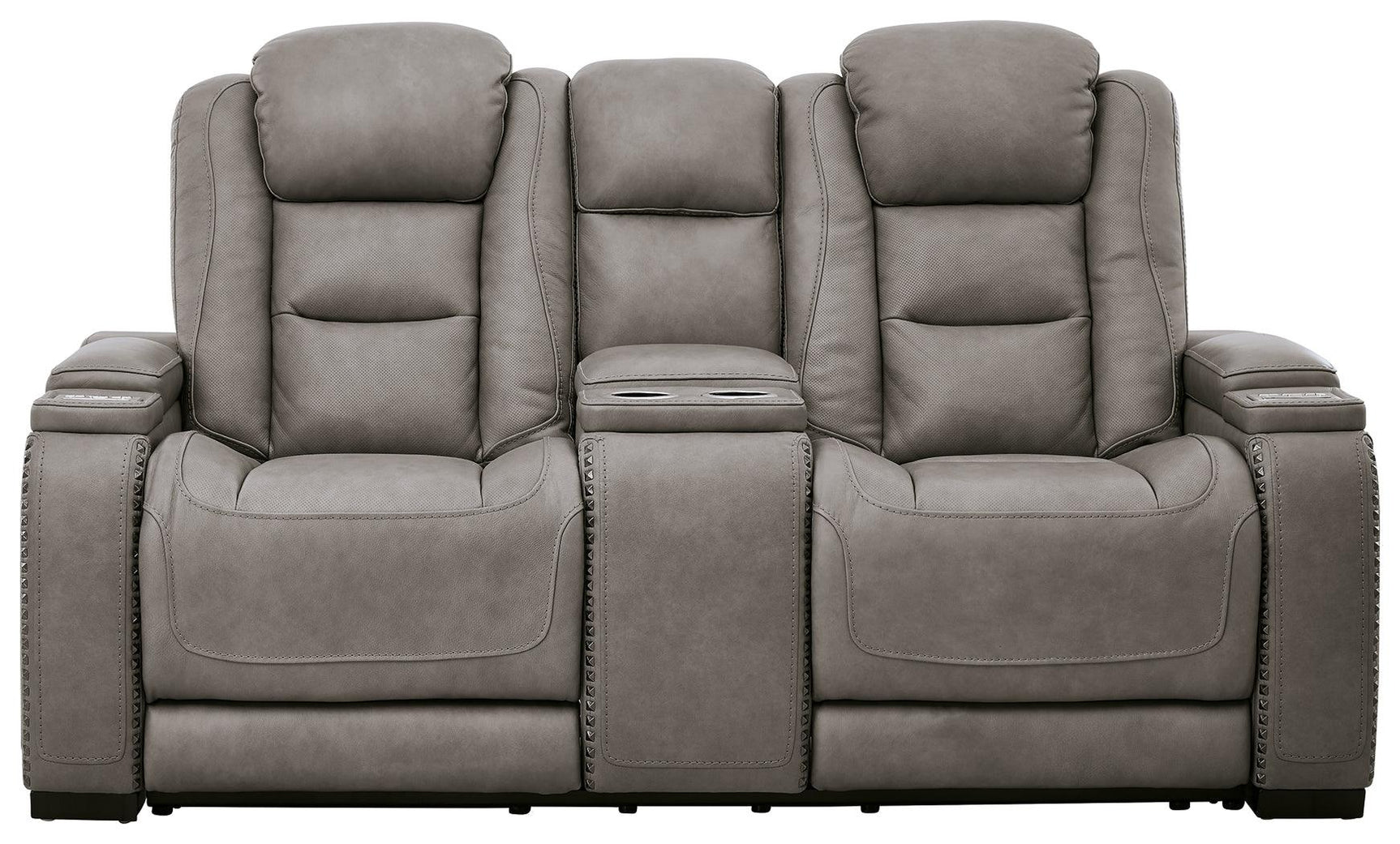 The Man-den Gray Leather Power Reclining Loveseat With Console - Ella Furniture