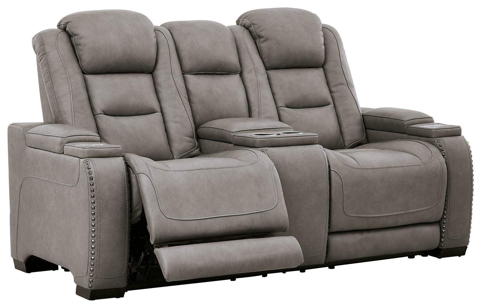 The Man-den Gray Leather Power Reclining Loveseat With Console - Ella Furniture