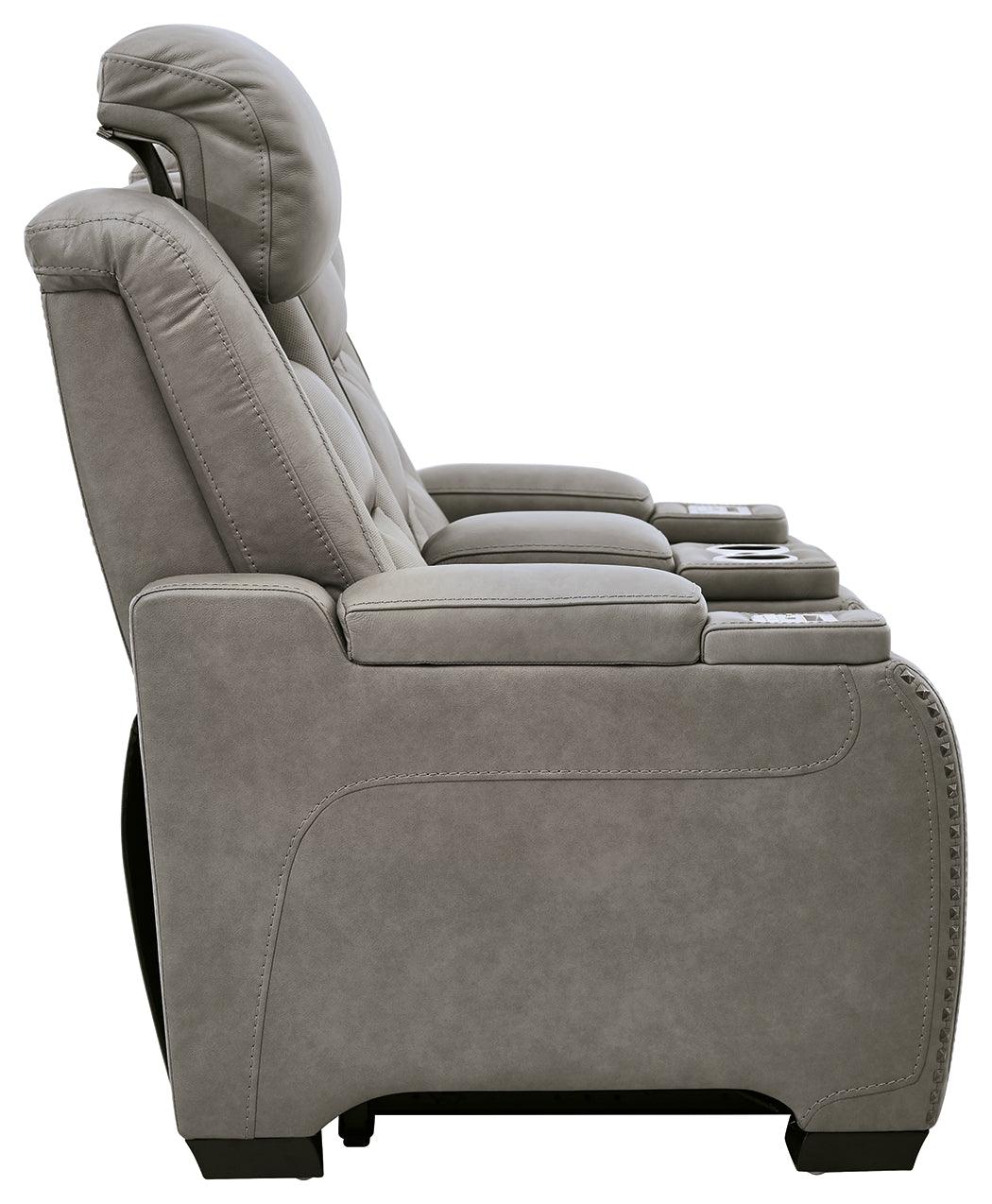 The Man-den Gray Leather Power Reclining Loveseat With Console - Ella Furniture