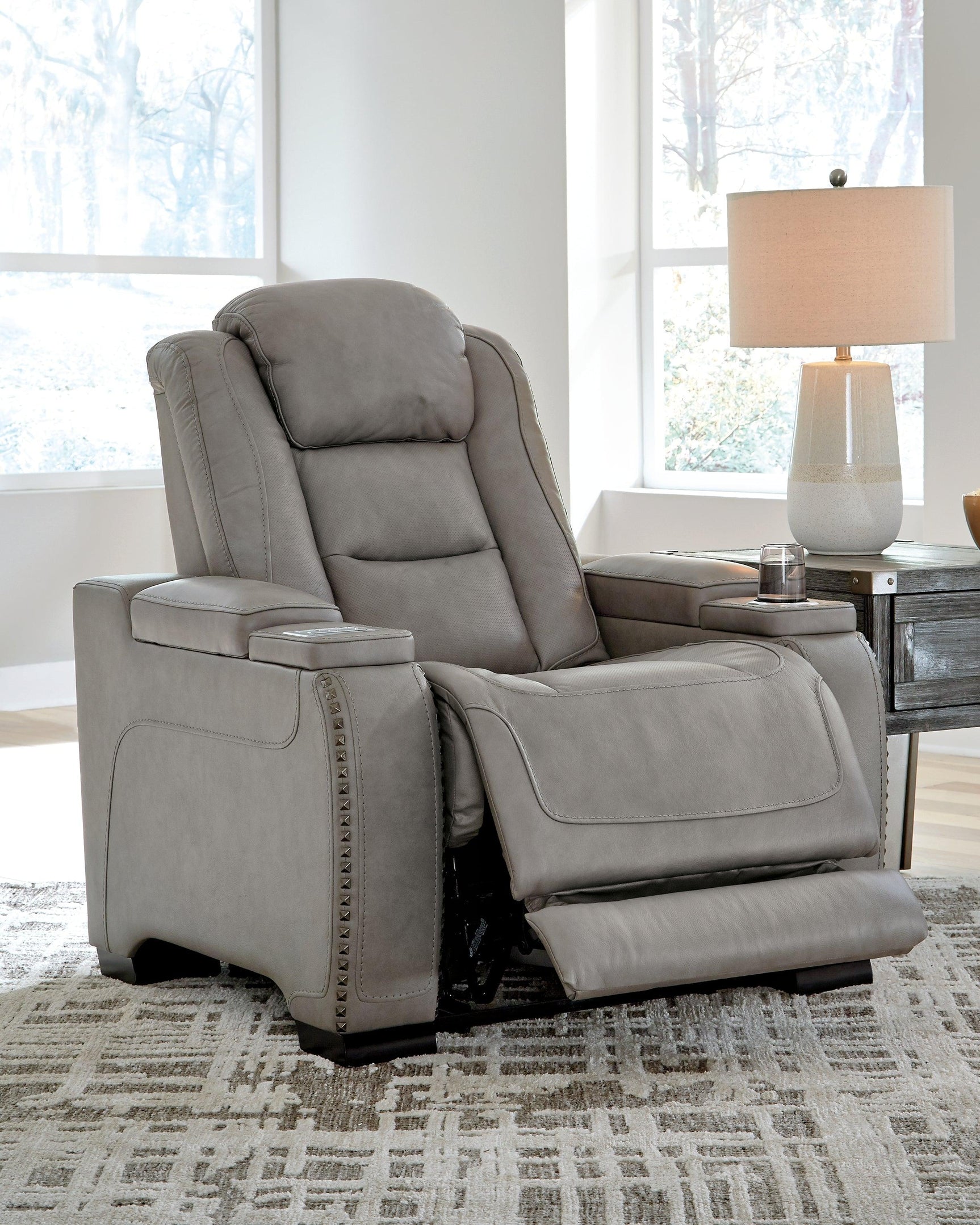 The Man-den Gray Leather Power Recliner - Ella Furniture