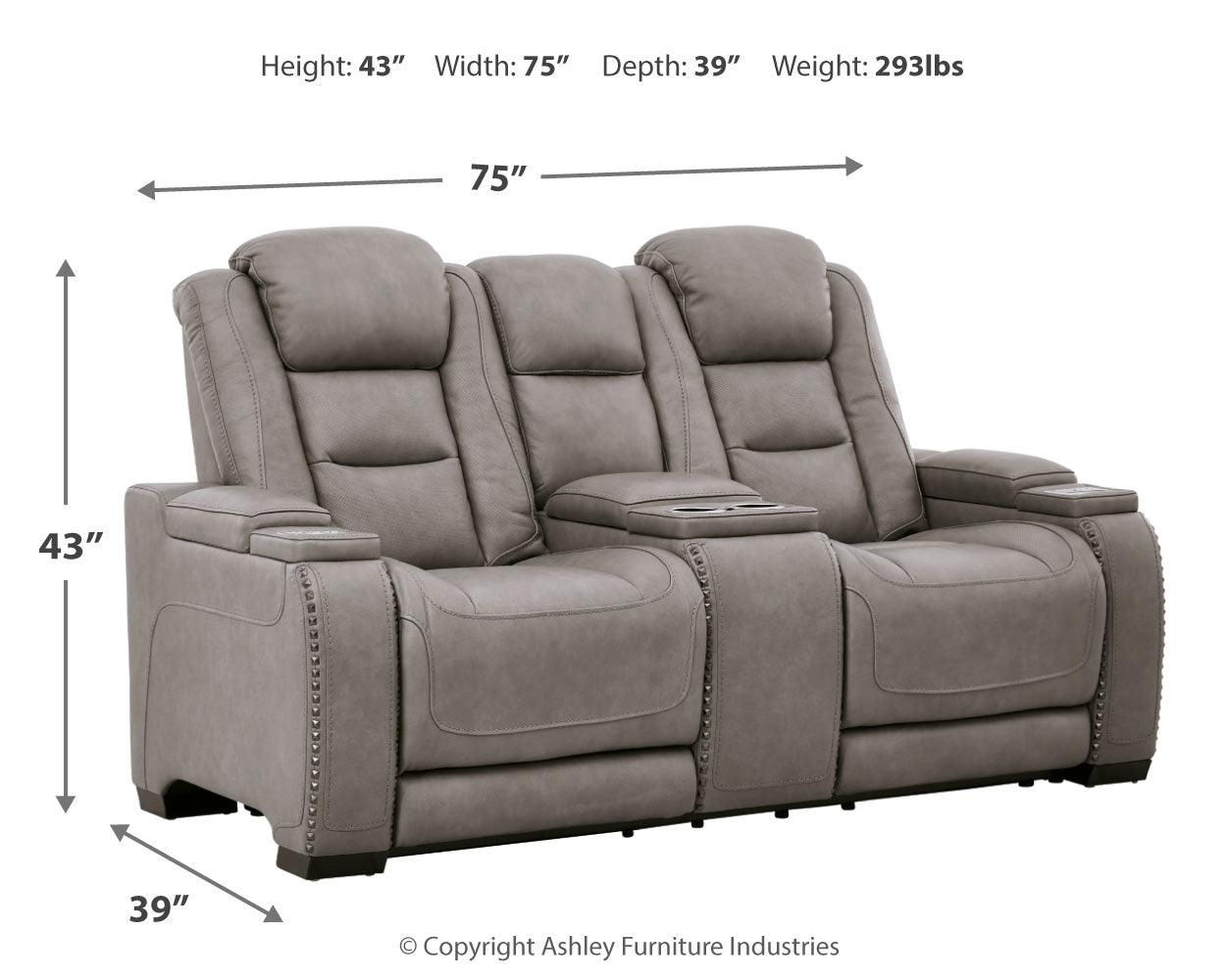 The Man-den Gray Leather Power Reclining Loveseat With Console - Ella Furniture