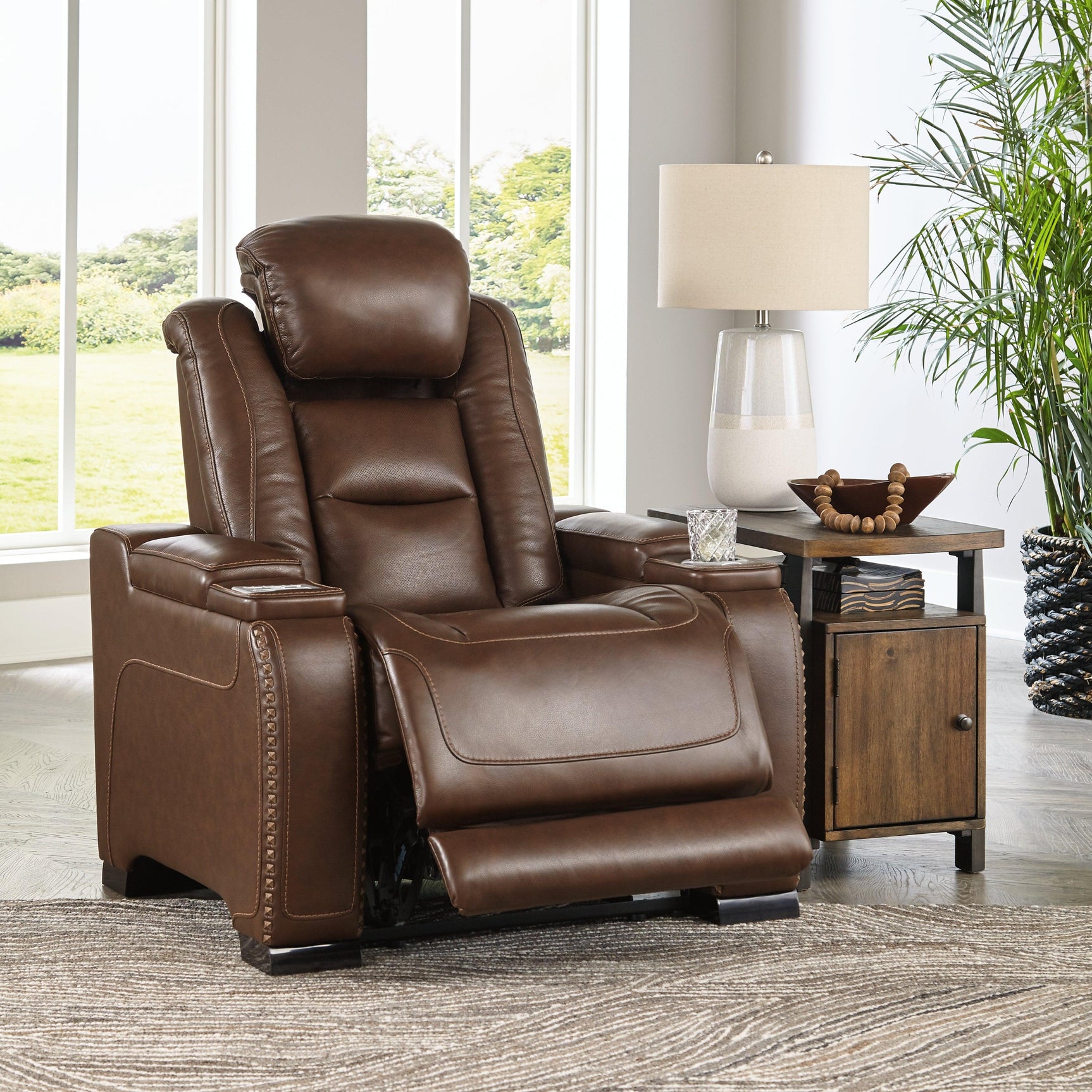 The Man-den Mahogany Leather Power Recliner - Ella Furniture