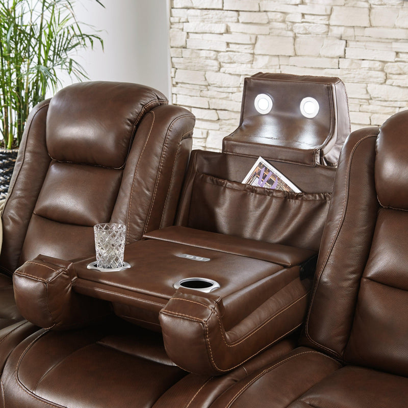 The Man-den Mahogany Leather Power Reclining Sofa - Ella Furniture