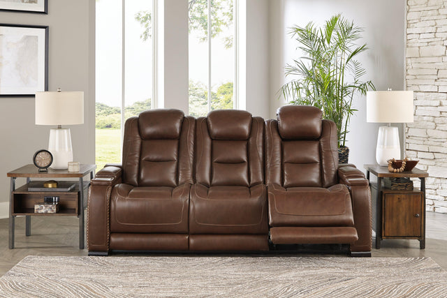 The Man-den Mahogany Leather Power Reclining Sofa - Ella Furniture