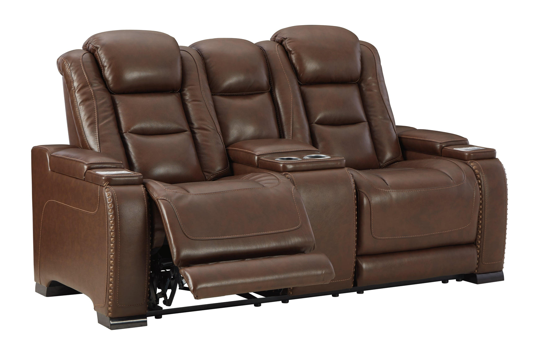 The Man-den Mahogany Leather Power Reclining Loveseat With Console - Ella Furniture