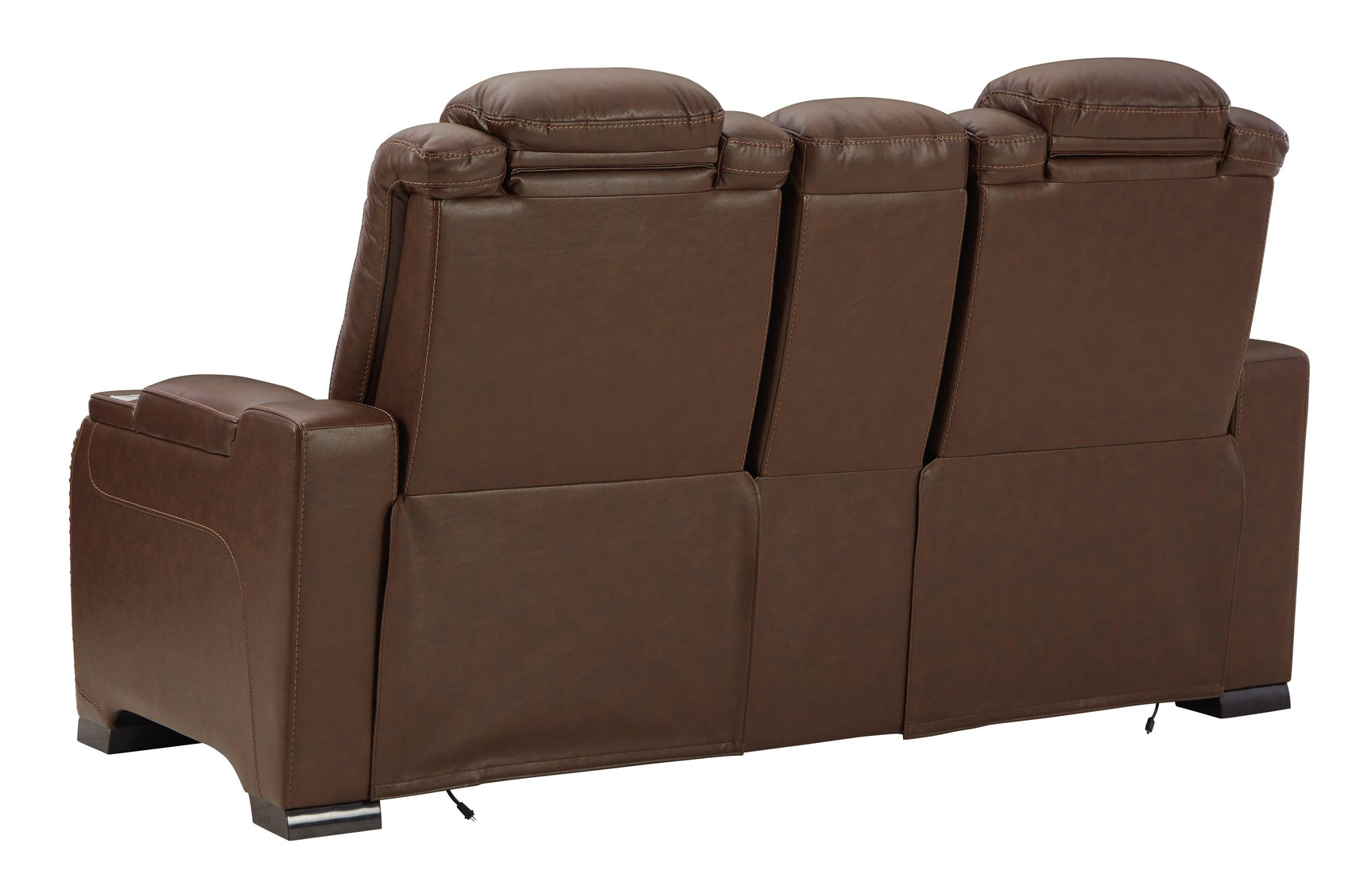 The Man-den Mahogany Leather Power Reclining Loveseat With Console - Ella Furniture