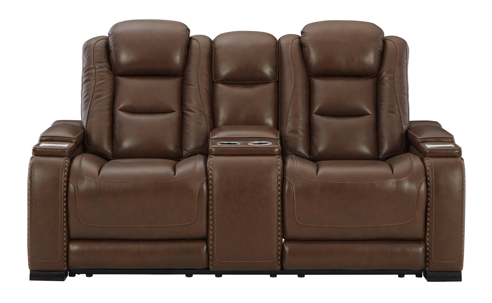 The Man-den Mahogany Leather Power Reclining Loveseat With Console - Ella Furniture