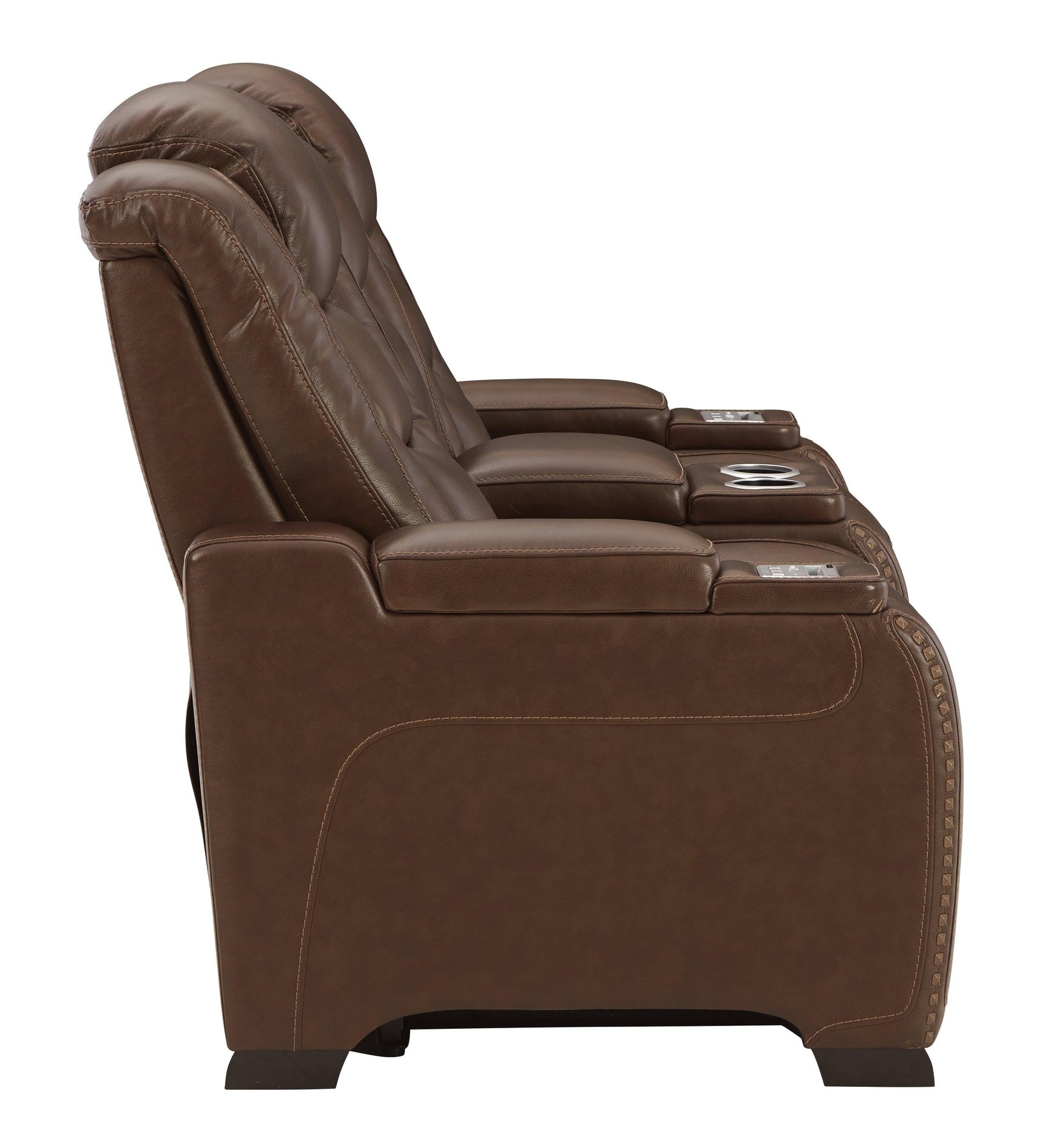 The Man-den Mahogany Leather Power Reclining Loveseat With Console - Ella Furniture