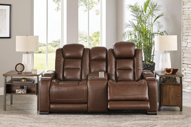 The Man-den Mahogany Leather Power Reclining Loveseat With Console - Ella Furniture