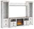 Willowton Whitewash 4-Piece Entertainment Center With Electric Fireplace - Ella Furniture