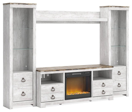 Willowton Whitewash 4-Piece Entertainment Center With Electric Fireplace - Ella Furniture