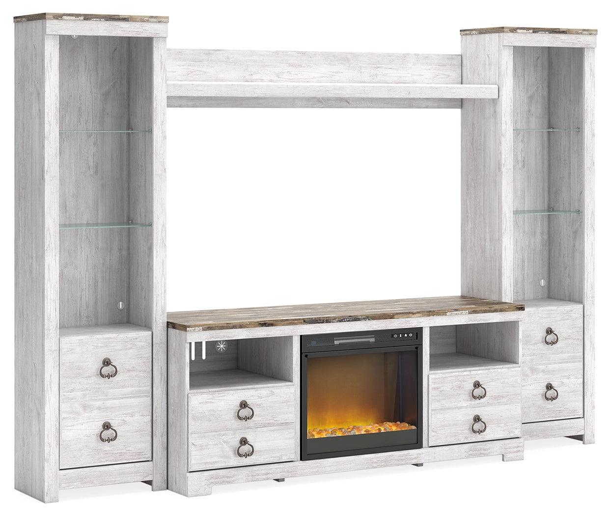 Willowton Whitewash 4-Piece Entertainment Center With Electric Fireplace - Ella Furniture