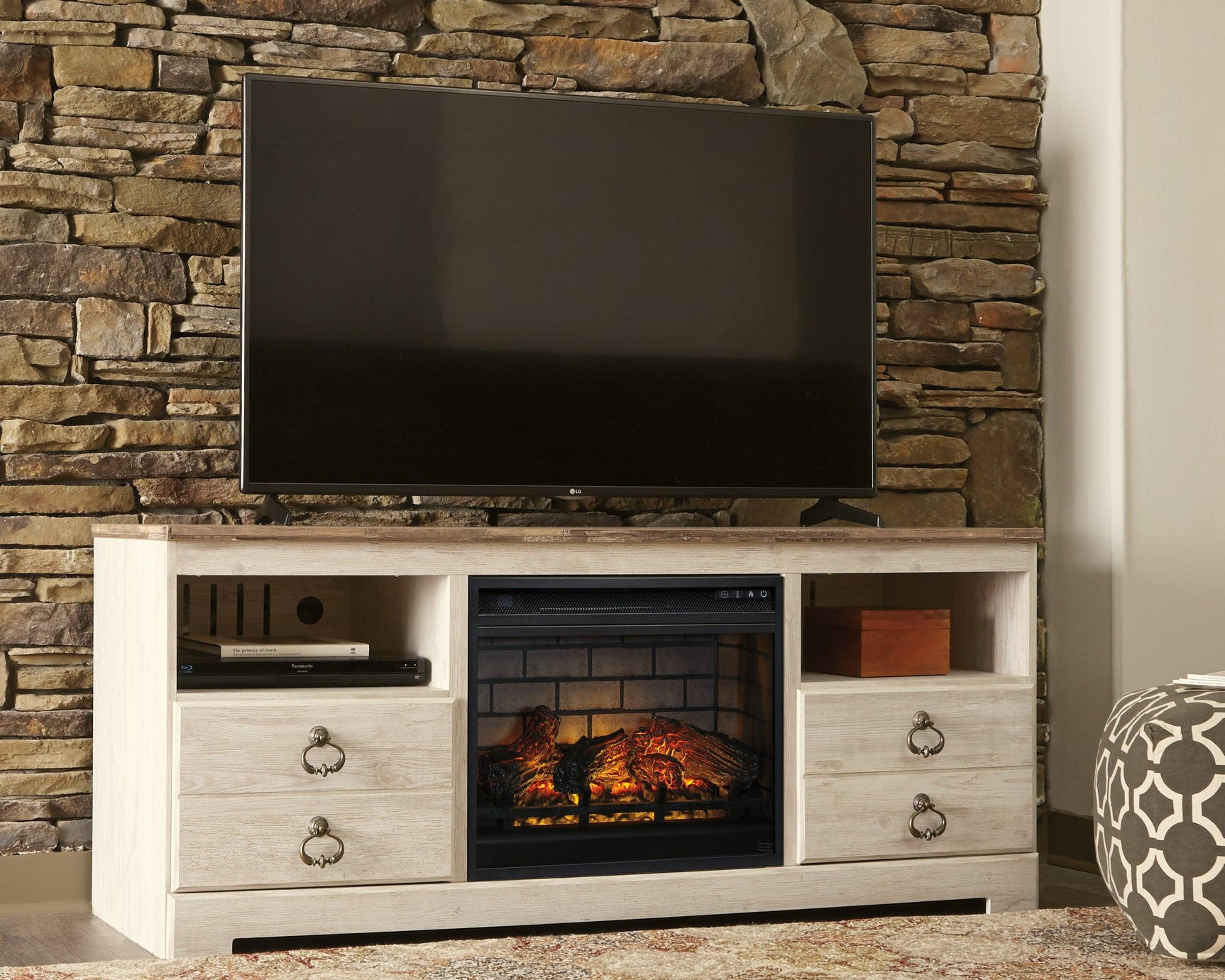 Willowton Whitewash 64" Tv Stand With Electric Fireplace - Ella Furniture