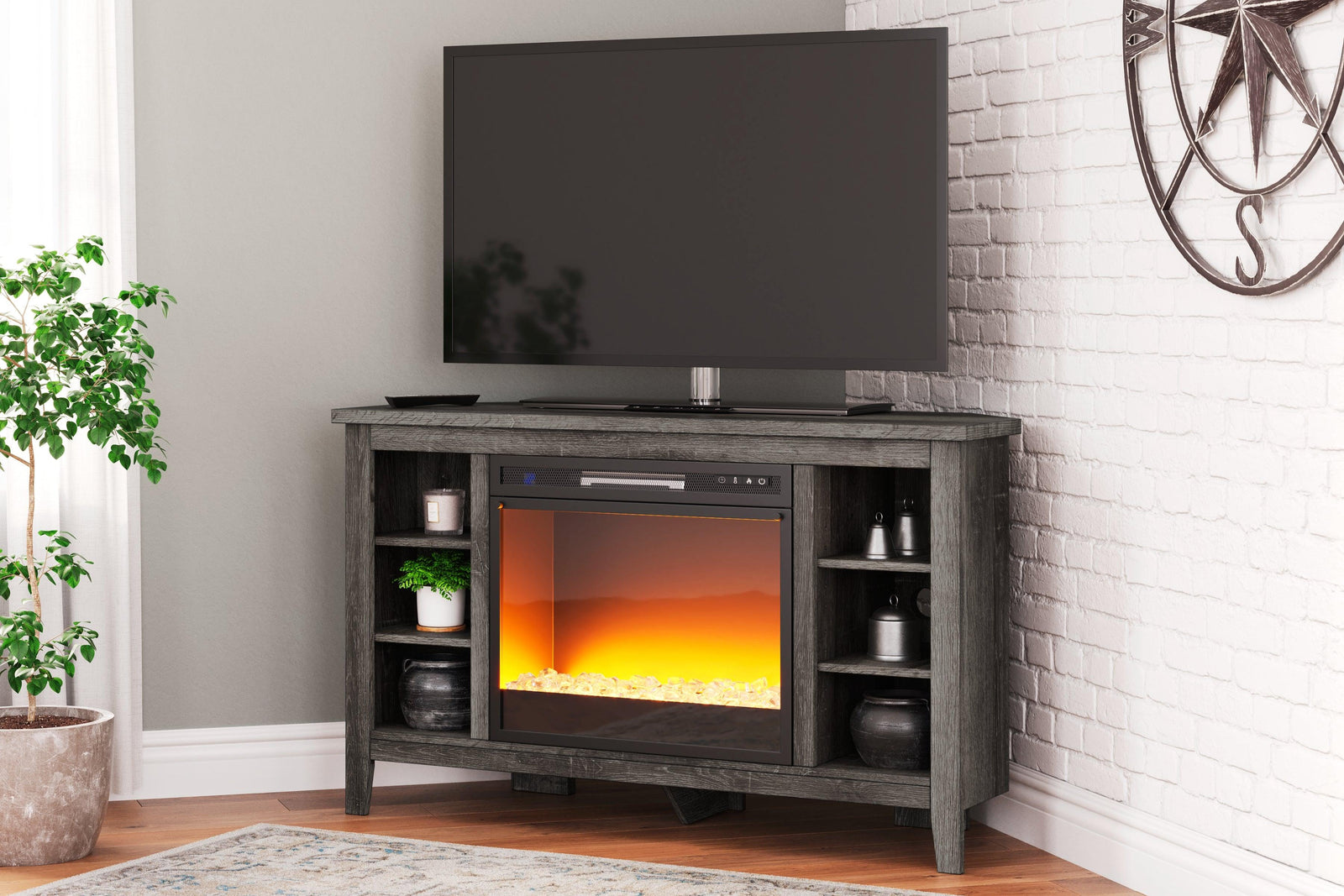 Arlenbry Gray Corner Tv Stand With Electric Fireplace