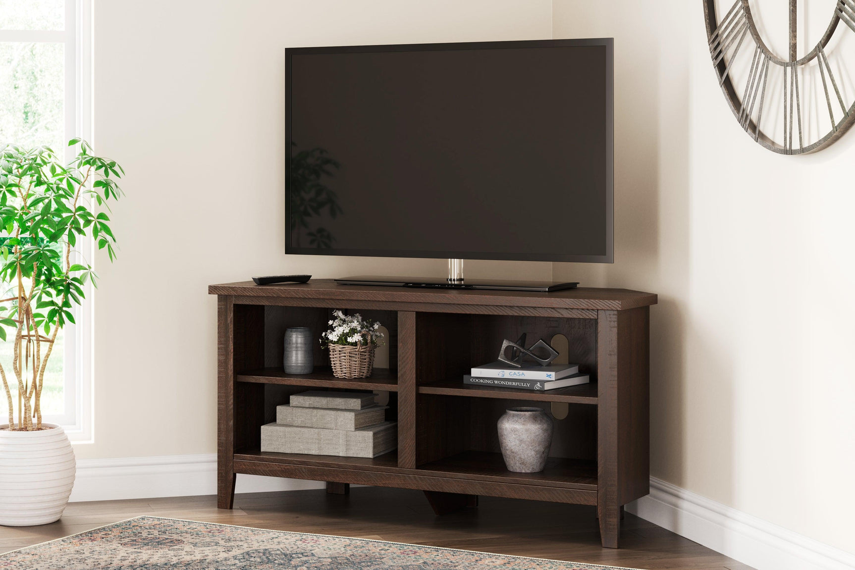 Camiburg Warm Brown Corner Tv Stand - Ella Furniture