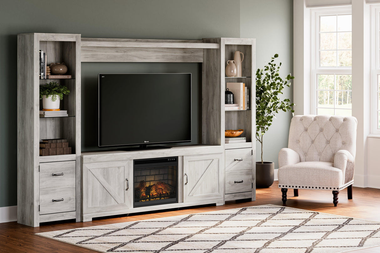 Bellaby Whitewash 4-Piece Entertainment Center With Electric Fireplace - Ella Furniture
