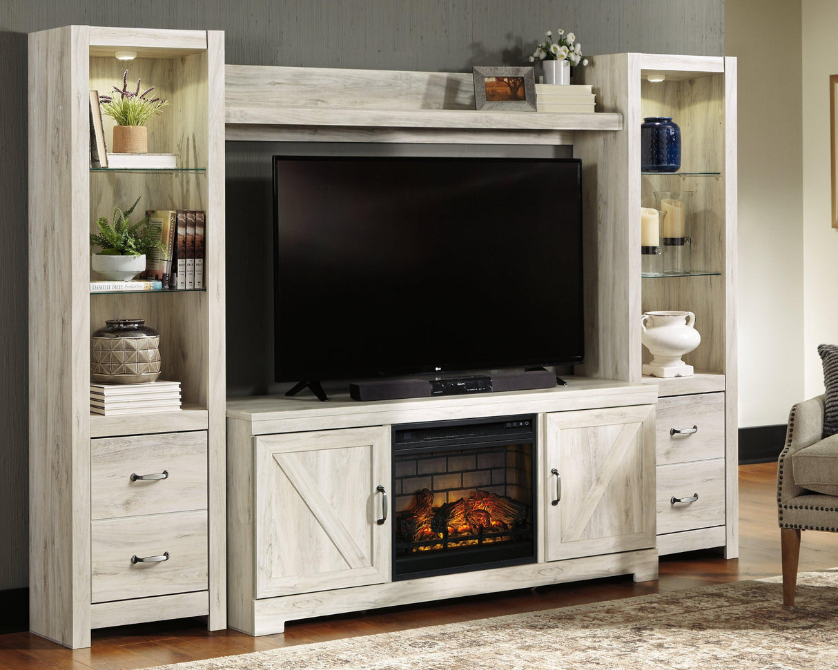 Bellaby Whitewash 4-Piece Entertainment Center With Electric Fireplace - Ella Furniture