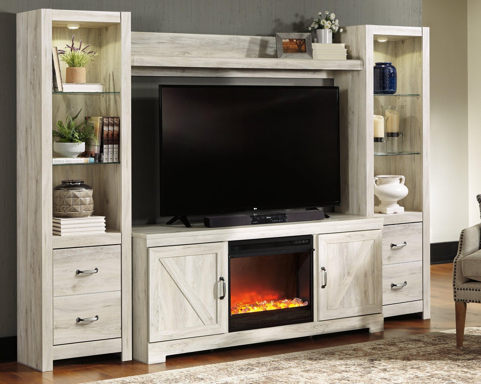 Bellaby Whitewash 4-Piece Entertainment Center With Fireplace