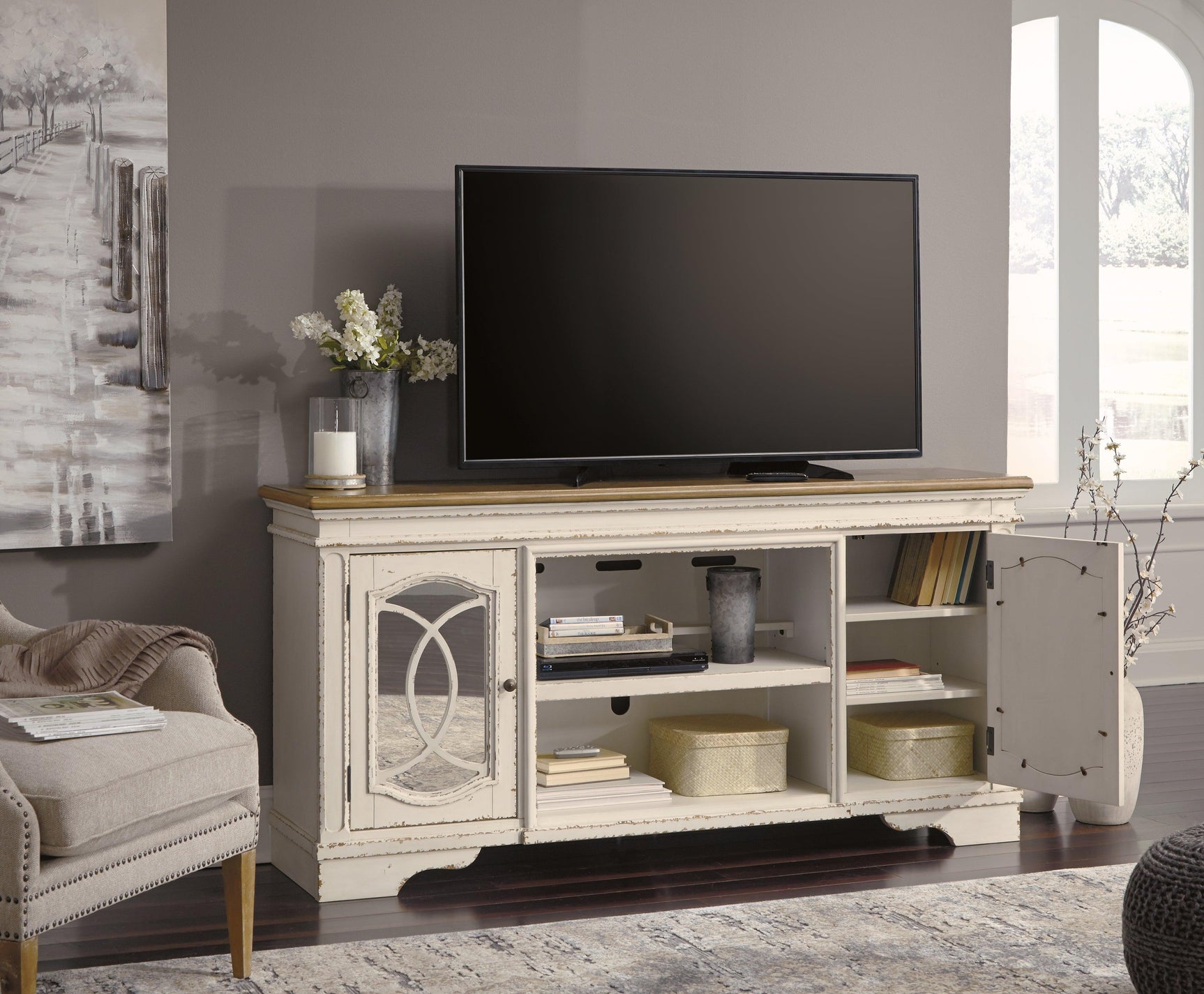 Realyn Chipped White 74" Tv Stand - Ella Furniture