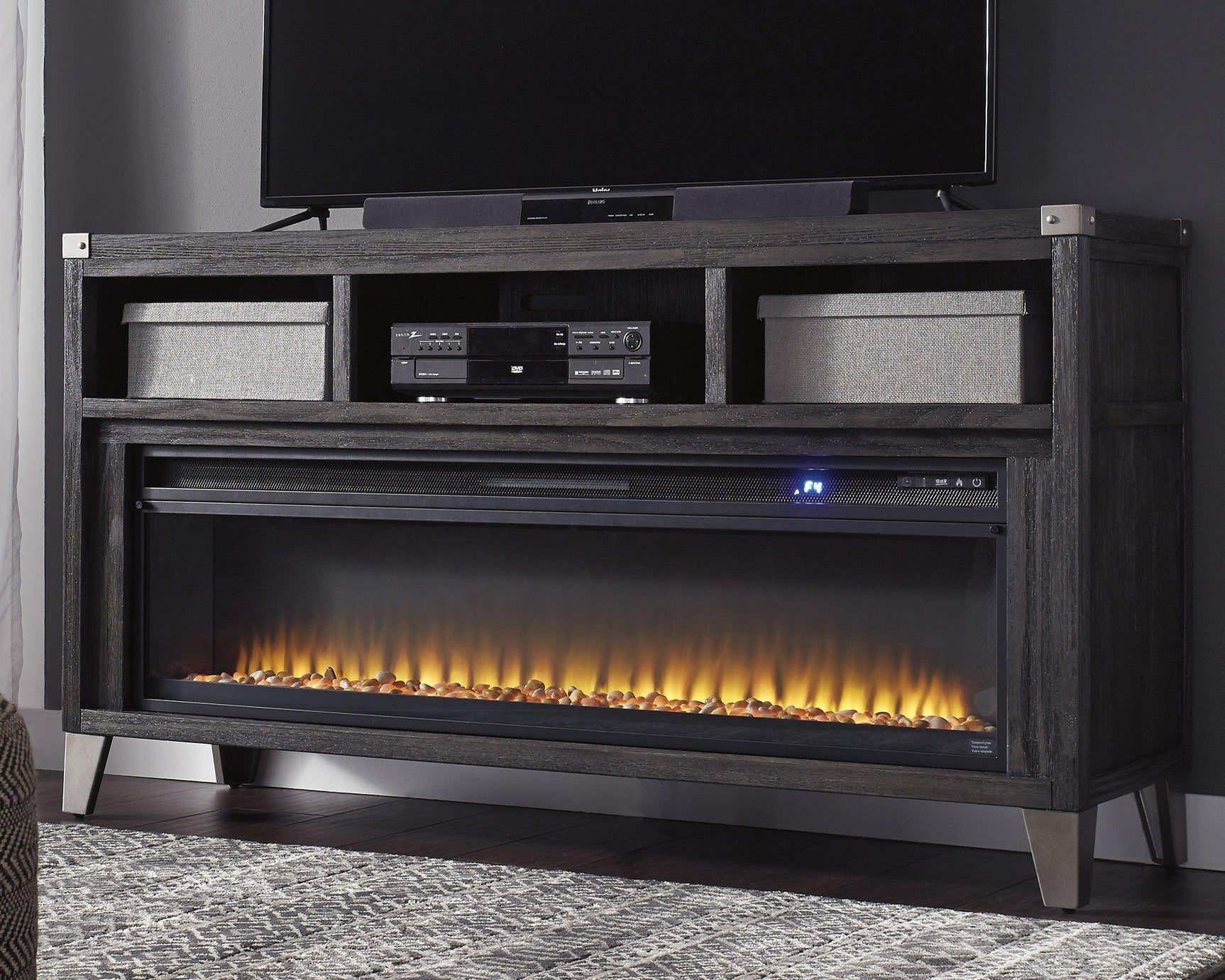 Todoe Gray 65" Tv Stand With Electric Fireplace - Ella Furniture