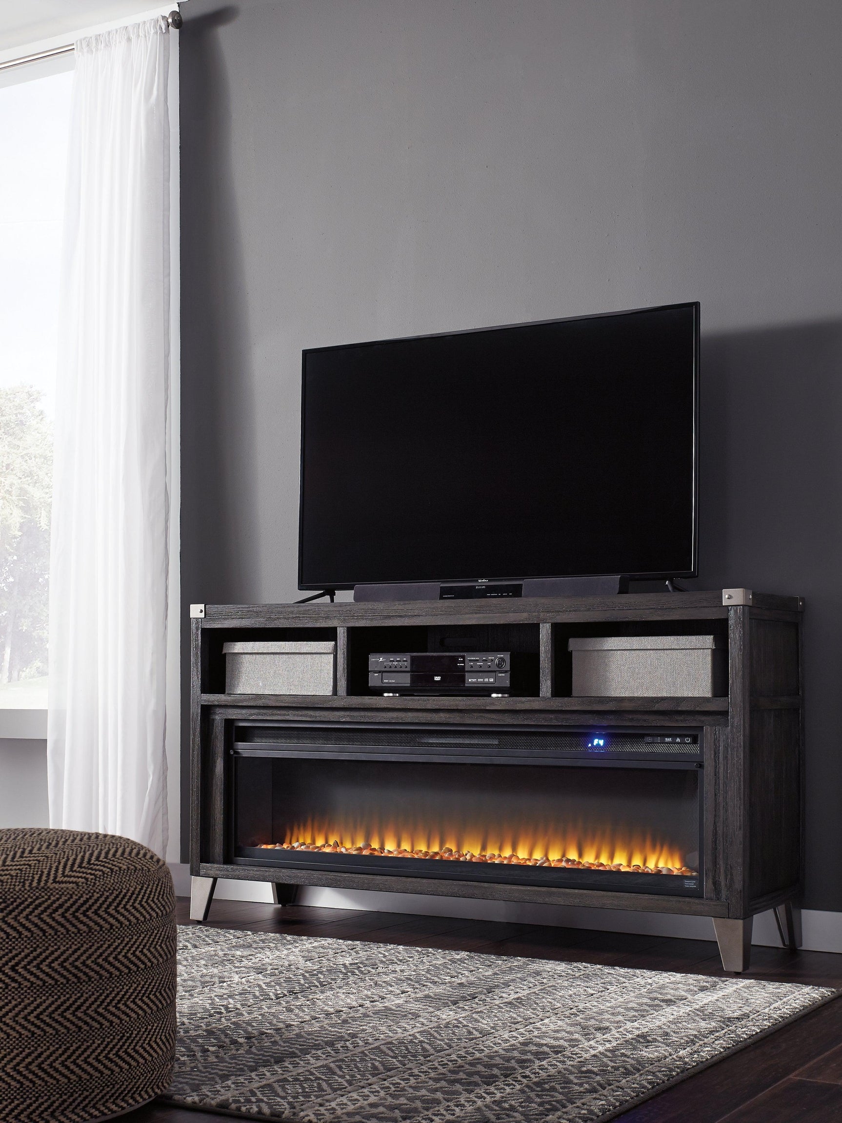 Todoe Gray 65" Tv Stand With Electric Fireplace - Ella Furniture