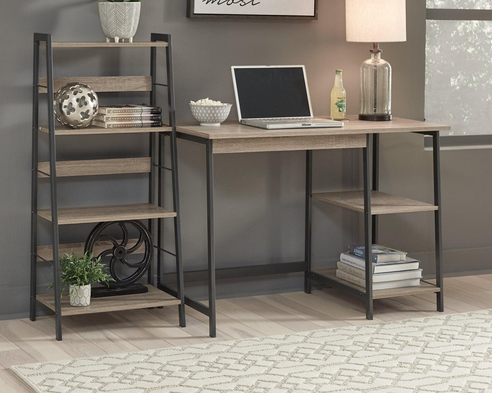 Soho Light Brown/gunmetal Home Office Desk And Shelf - Ella Furniture