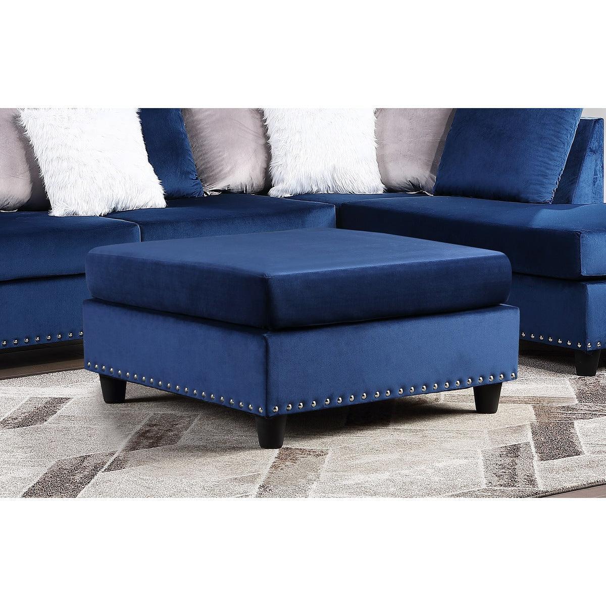 Galaxy Martha Blue Solid Wood And Plywood Velvet Upholstery Ottoman With Nailheads - Ella Furniture