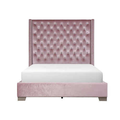 Jacklyn Pink Modern Contemporary Solid Wood Faux Leather Upholstered Tufted King Panel Bed - Ella Furniture
