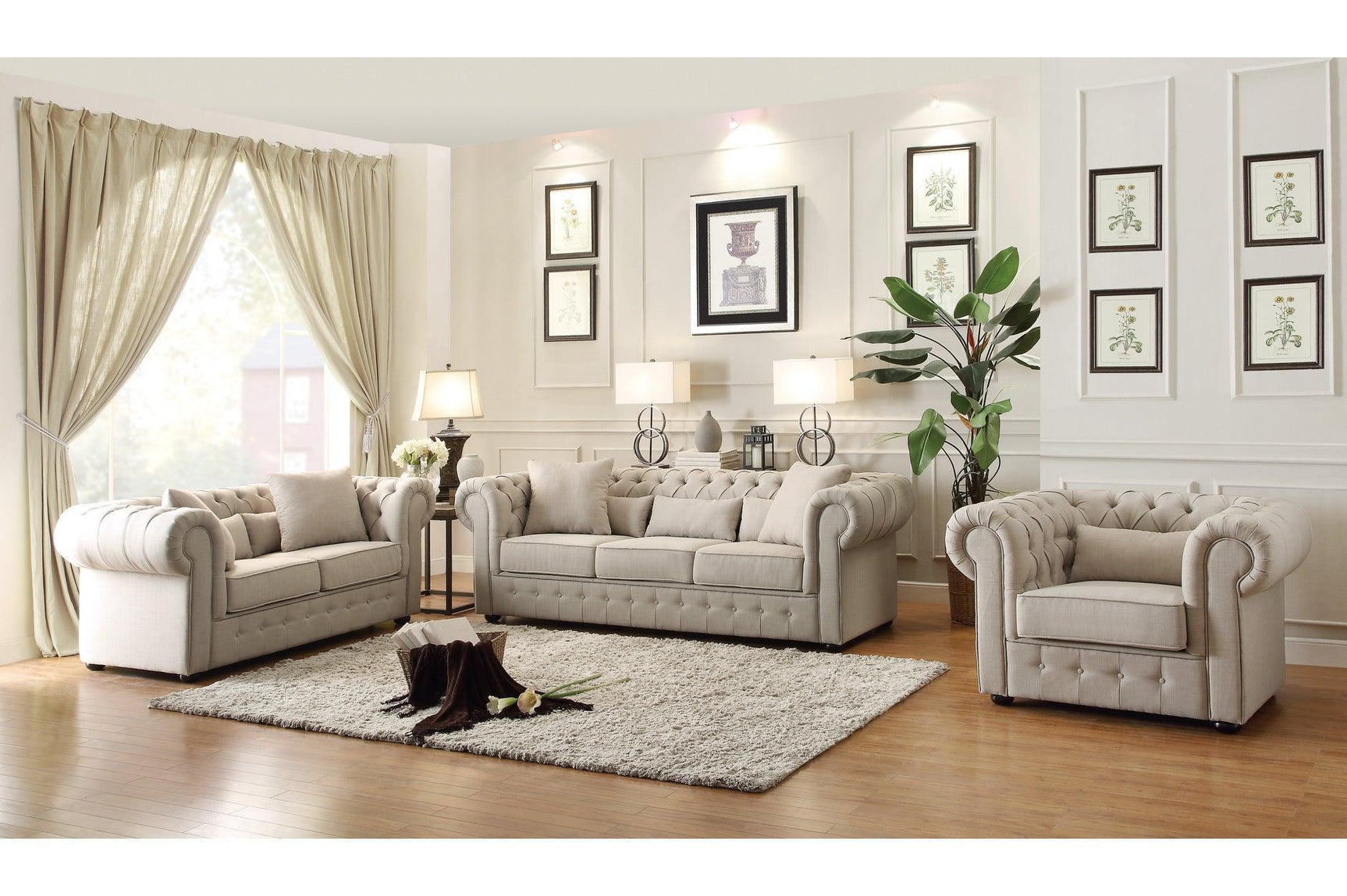 Savonburg Neutral Traditional Solid Wood And Plywood Fabric Upholstery Tufted 2Pc Set: Sofa, Love - Ella Furniture