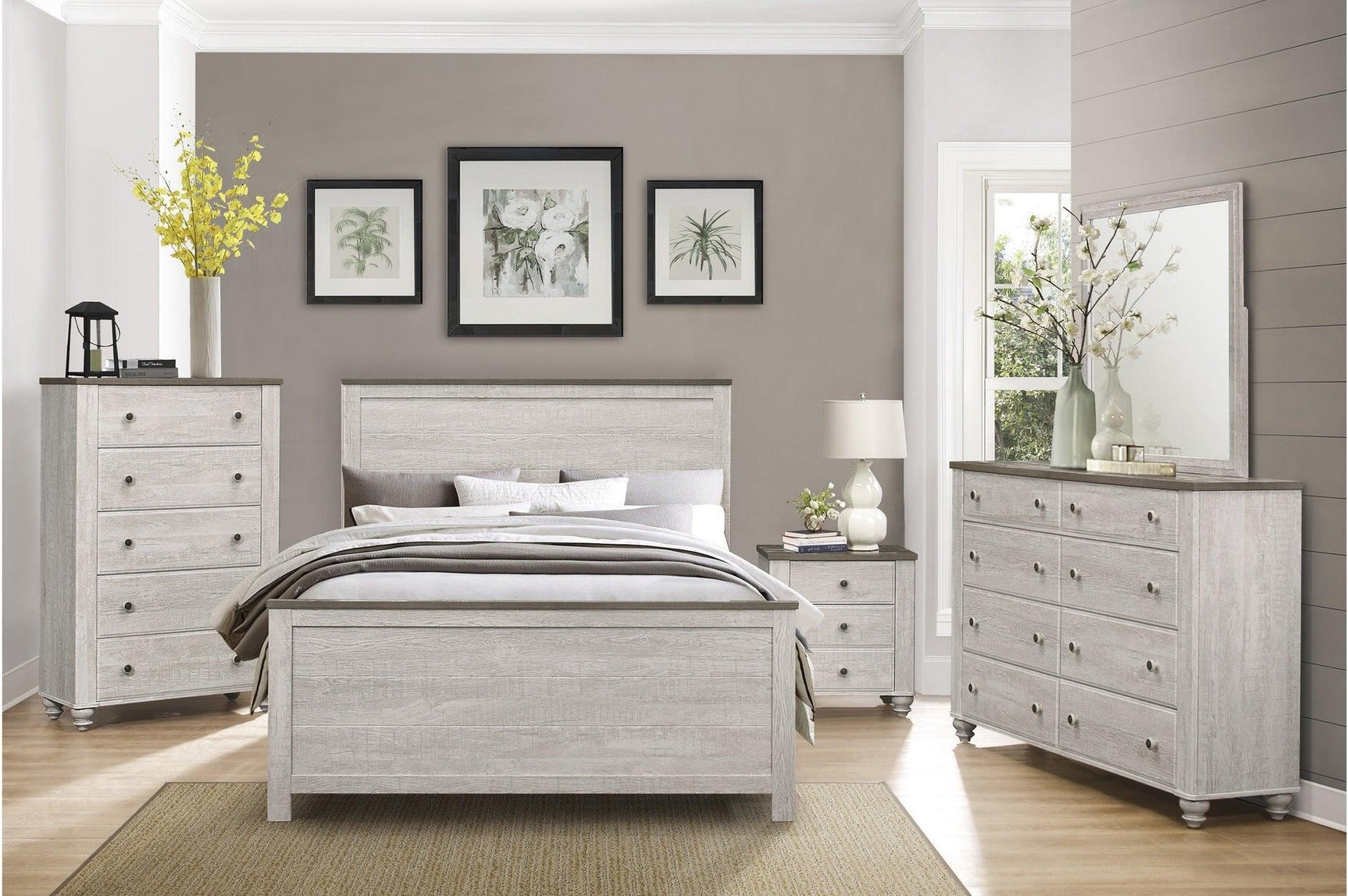 Nashville Two-tone Antique White/Brown Melamine Transitional Rustic Faux Wood Panel Bedroom Set - Ella Furniture