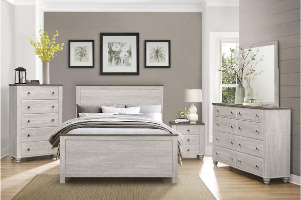 Nashville Two-tone Antique White/Brown Melamine Transitional Rustic Faux Wood Panel Bedroom Set - Ella Furniture